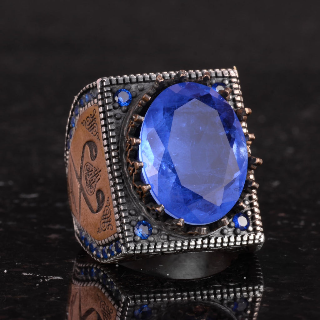 925 Sterling Silver Islamic Ring, Artificial Stone Ring, Handcrafted Calligraphy Ring (Dark Blue Paraiba) — 5