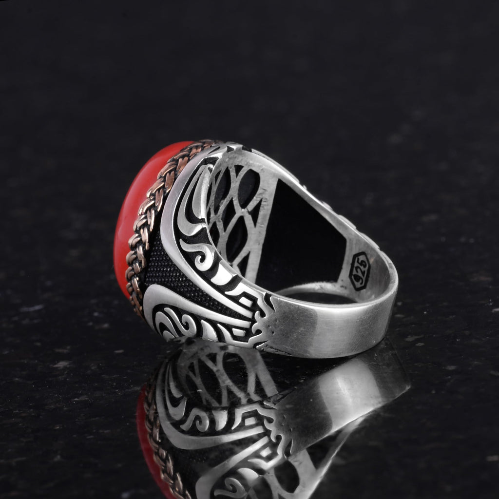 925 Sterling Silver Ring - Artificial Stone Silver Ring - Handmade Ring (Artificial Red Coral) — 7