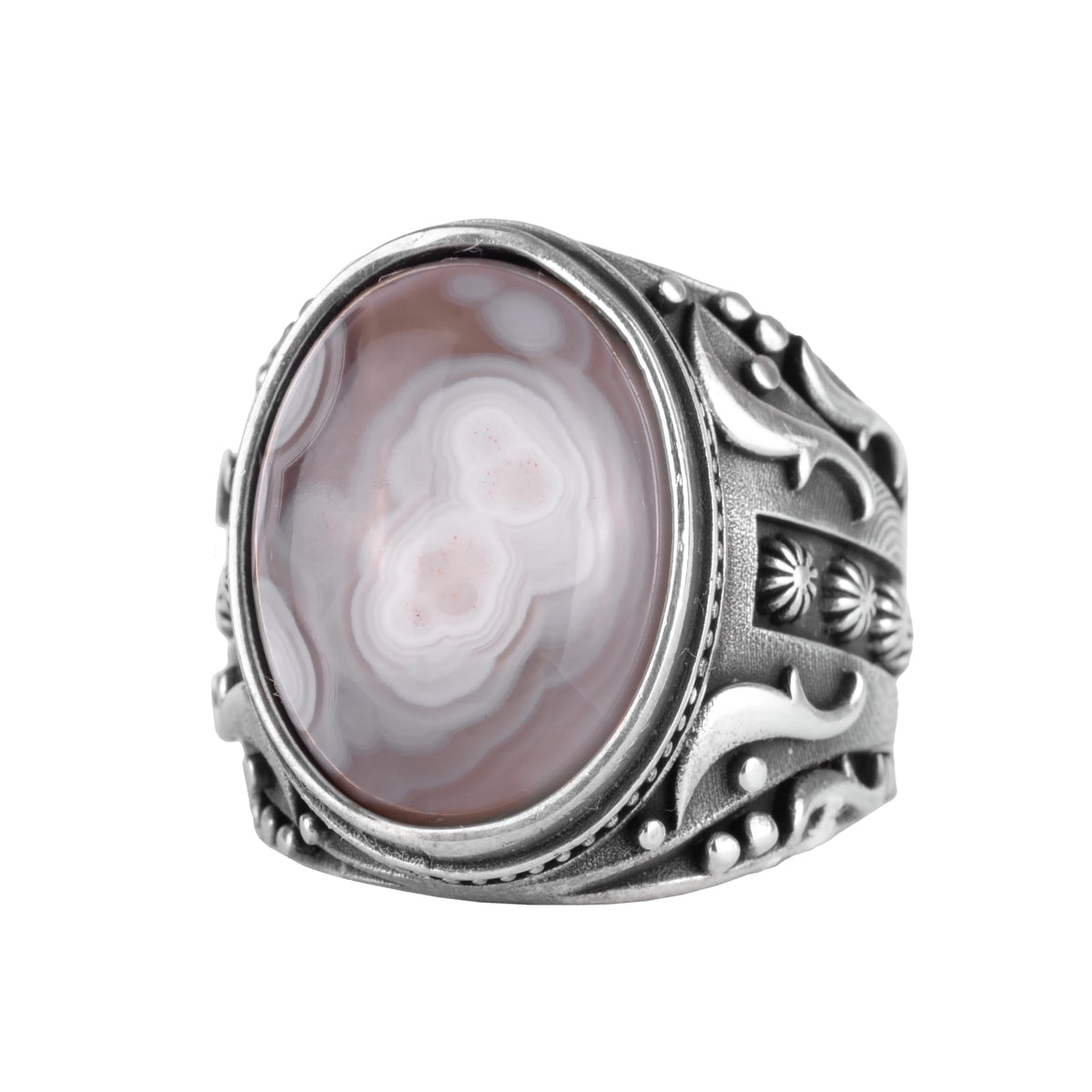 KAMBO Men's Natural Agate Ring – 925 Sterling Silver Flower Pattern Ring – Handmade Vintage Style Men's Statement Ring (Agate-1)