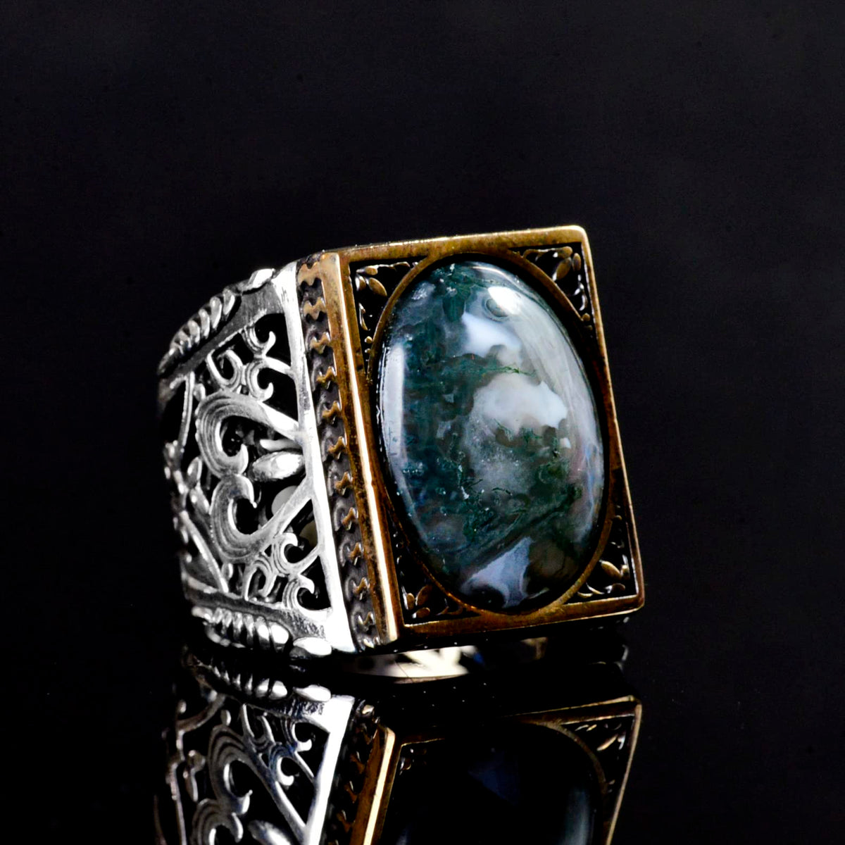 925 Sterling Silver Vintage Design Men's Ring, Natural Mossy Agate Stone — 3