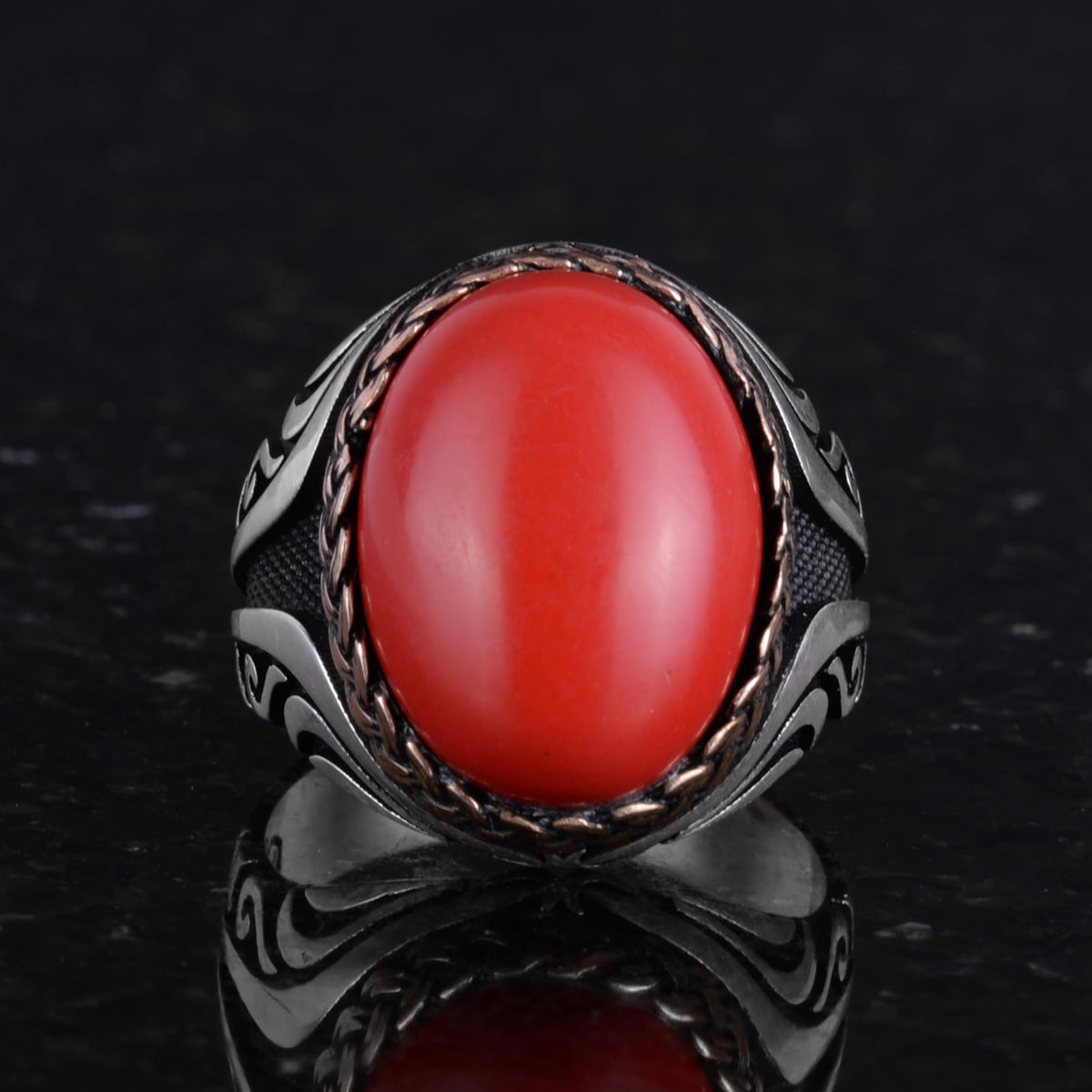 925 Sterling Silver Ring - Artificial Stone Silver Ring - Handmade Ring (Artificial Red Coral) — 4
