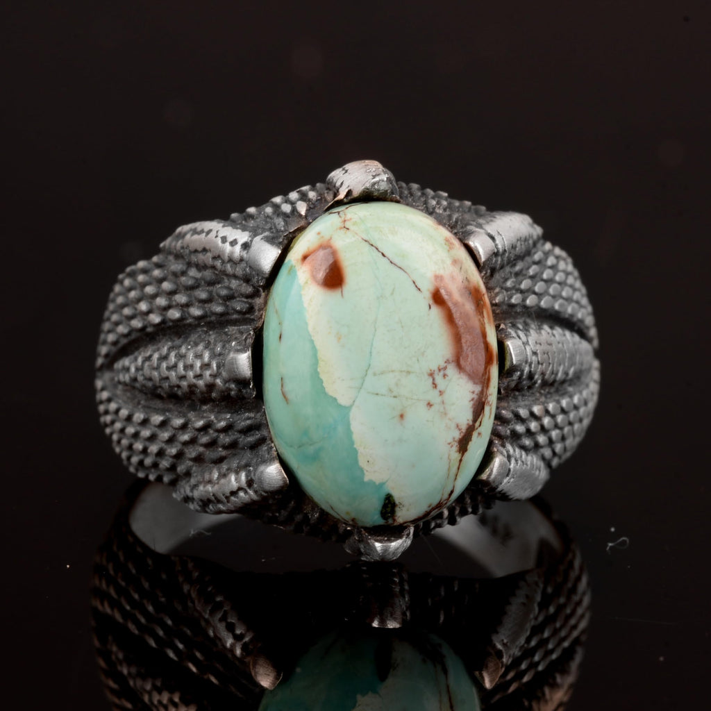 925 Sterling Silver Men's Ring, Natural Arizona Turquoise Stone Ring, Claw Ring — 6