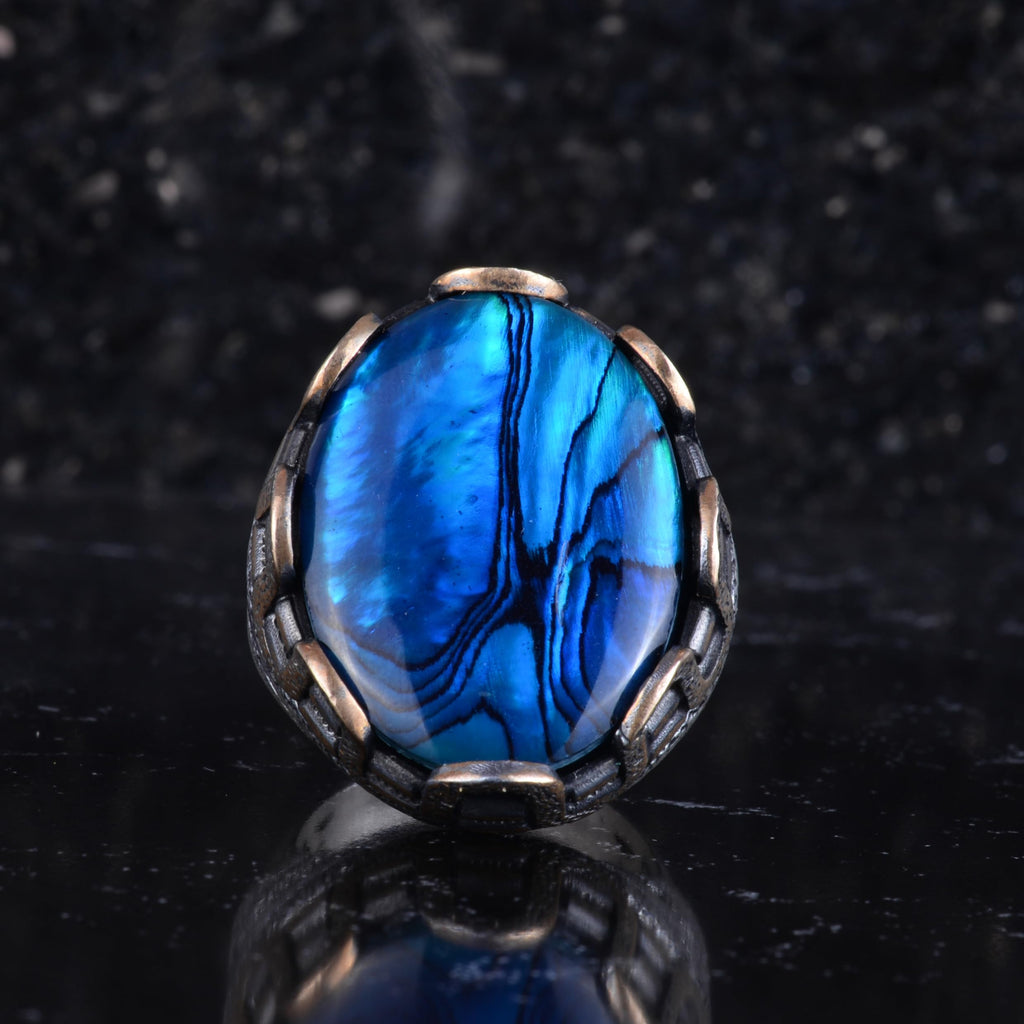 KAMBO Natural Ocean Mother of Pearl Large Men's Ring – Blue Seashell Stone – 925 Sterling Silver Handmade Statement Ring – Vintage Ottoman Style Men's Jewelry — 4