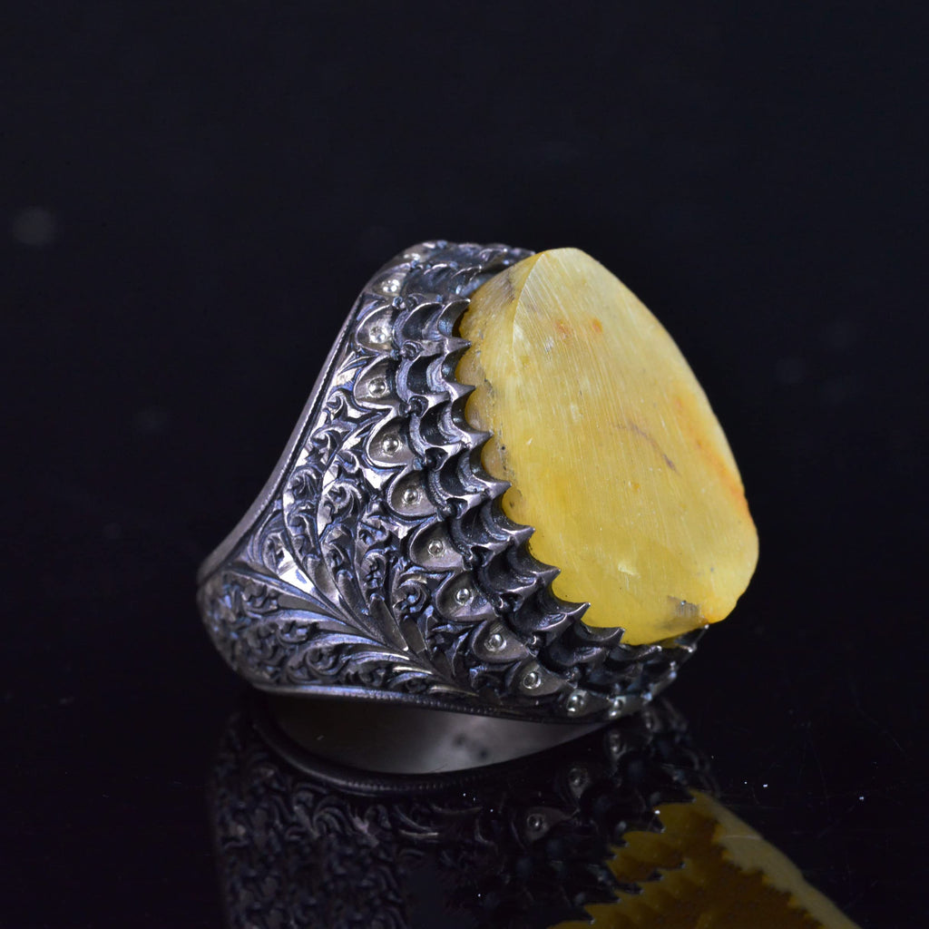 KAMBO Handmade Vintage Raw Amber Gemstone Men's Statement Ring, 925 Sterling Silver Bold Design, Unique Birthday Gift fo