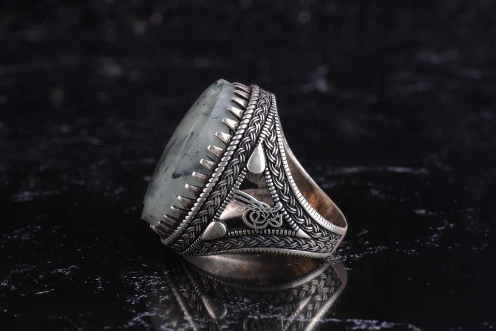 KAMBO Men's Natural Stone Ring – 925 Sterling Silver Large Statement Ring – Handmade Ottoman Pattern Jewelry (Prehnite) — 7