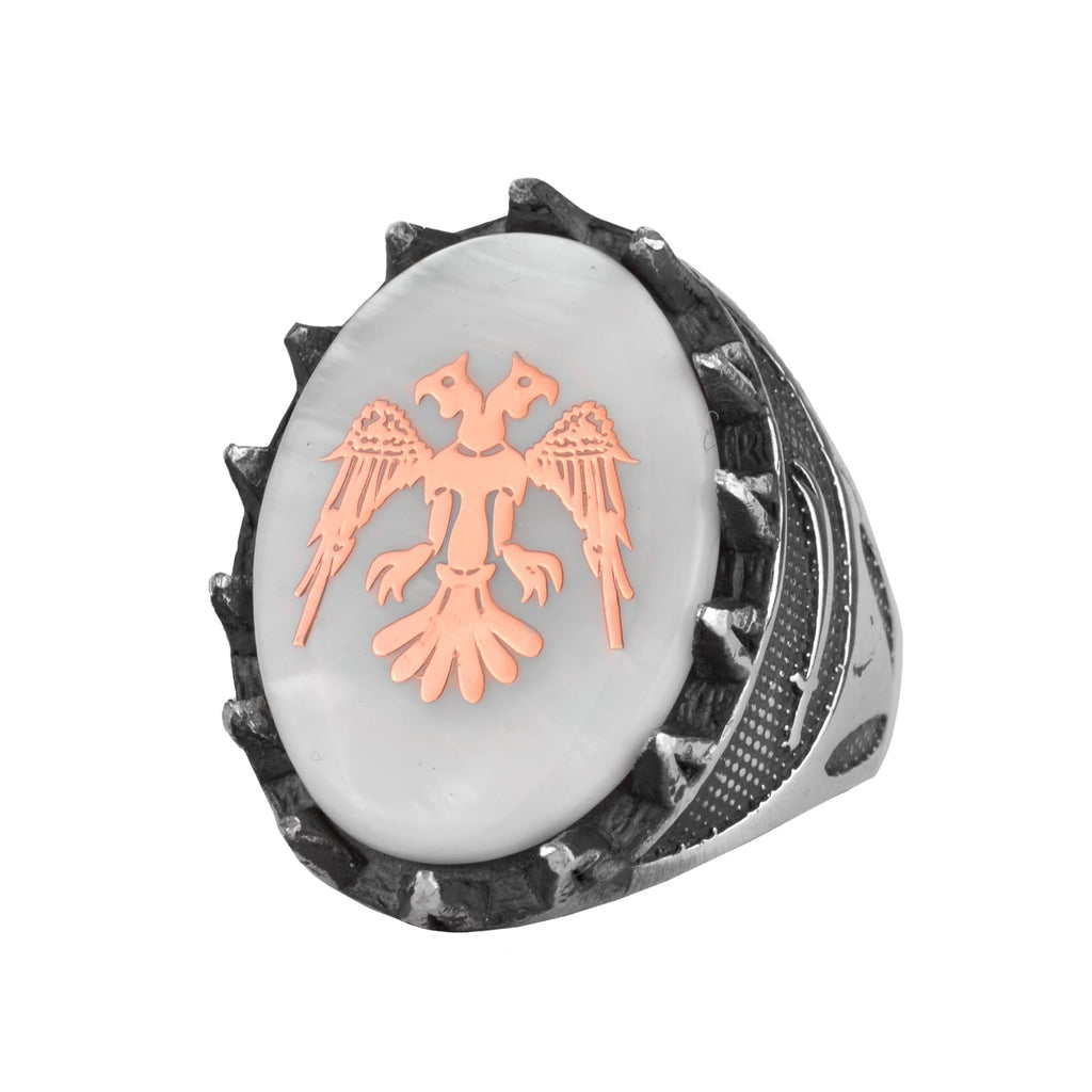KAMBO 925 Sterling Silver Natural Pearl Men's Ring – Handmade Seljuk Double-Headed Eagle Symbol Statement Ring