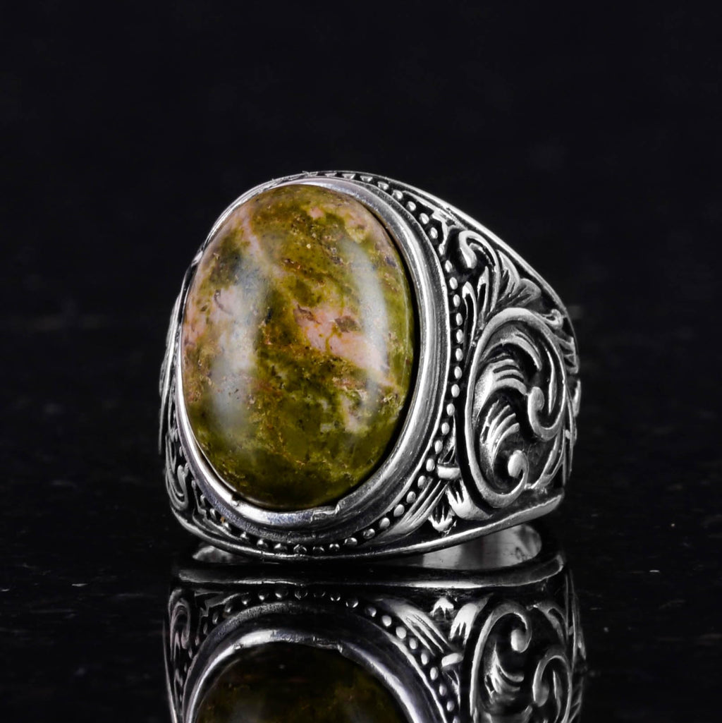 Unakite Stone Ring - 925 Sterling Silver Men's Ring — 5