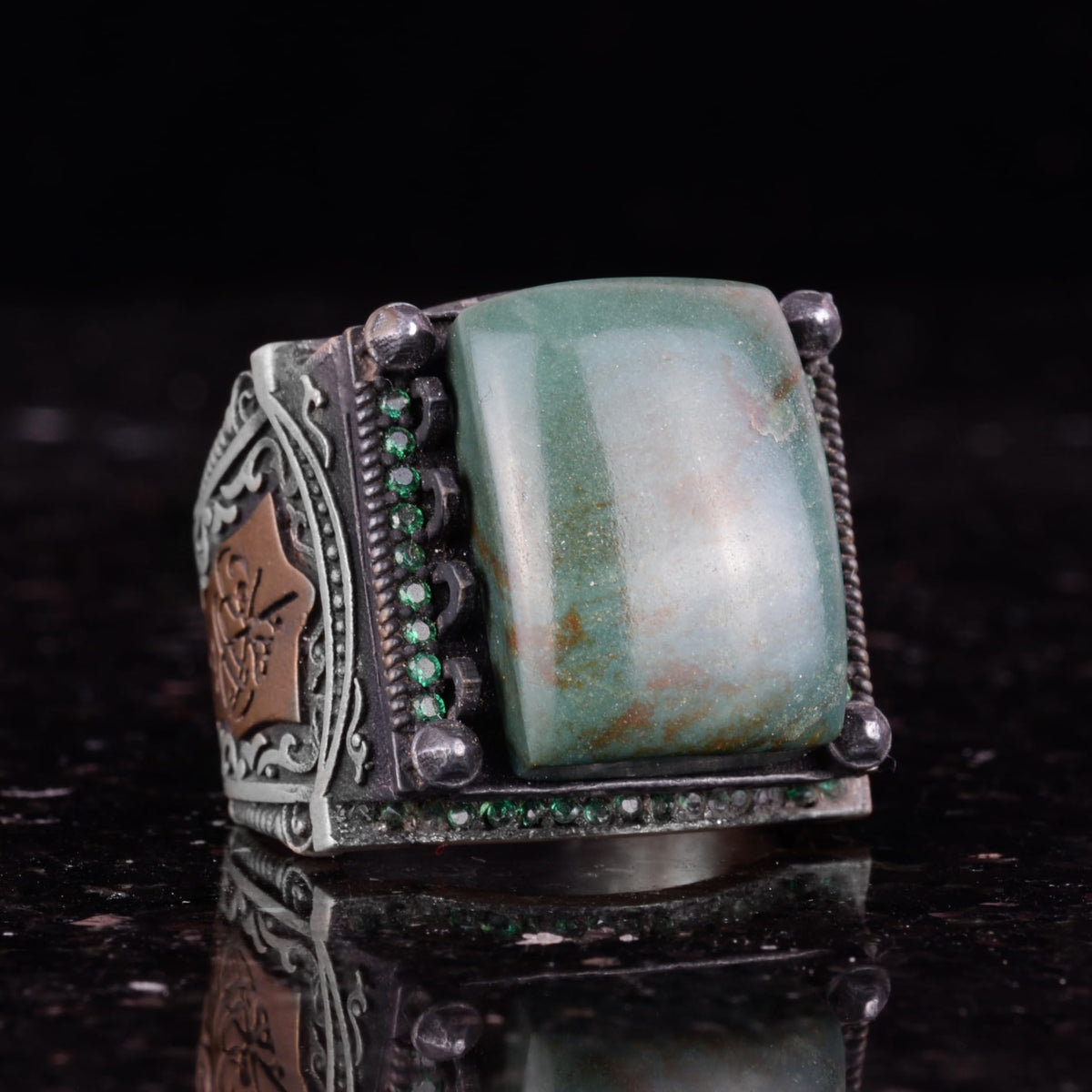 Silver Men's Ring - Natural Jade Stone - Islamic Design - Handcrafted Vintage Ring — 5