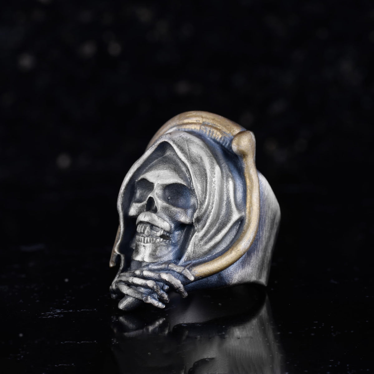KAMBO 925 Sterling Silver Death Angel Skull Ring – Gothic Men's Silver Ring – Handmade Biker Jewelry – Skeleton Hooded Design (Gold Plated) — 5