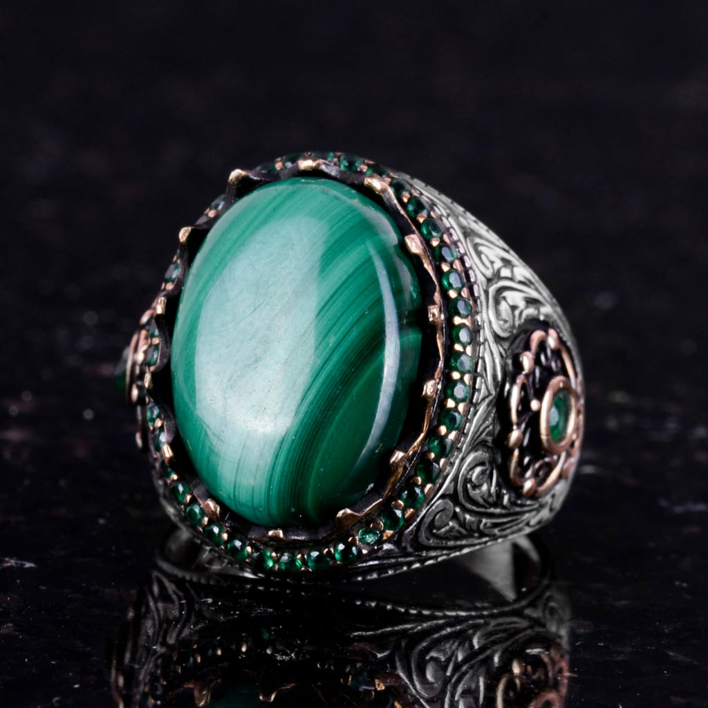Natural Malachite Stone Ring - 925 Sterling Silver Handmade Ring (Model-2) — 6