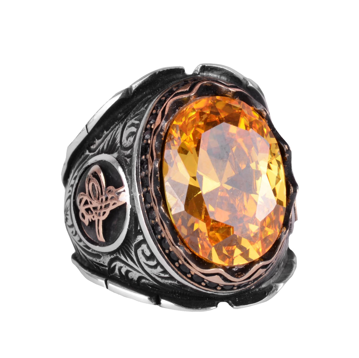 Ottoman Tugra Silver Ring, Orange Citrine Stone Ring