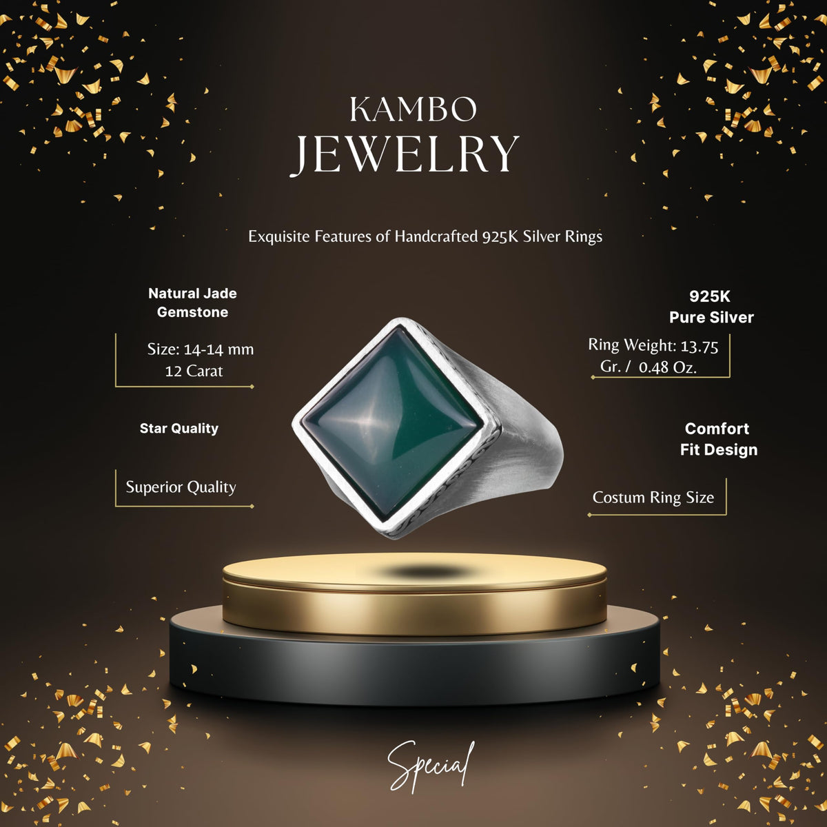 KAMBO Natural Stone Men's Ring 925 Sterling Silver – Square Cut Stone Handmade Minimalist Statement Ring (Jade) — 2