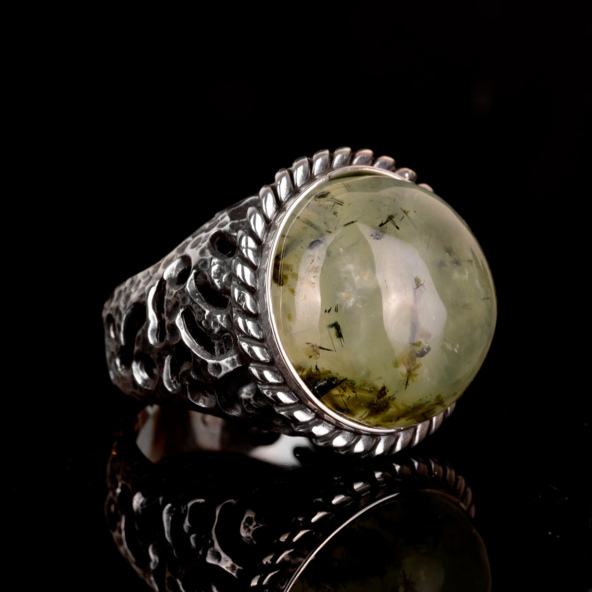 925 Sterling Silver Men's Ring, Natural Prehnite Stone, Texture Detailed Band, Green Prehnite Stone — 4