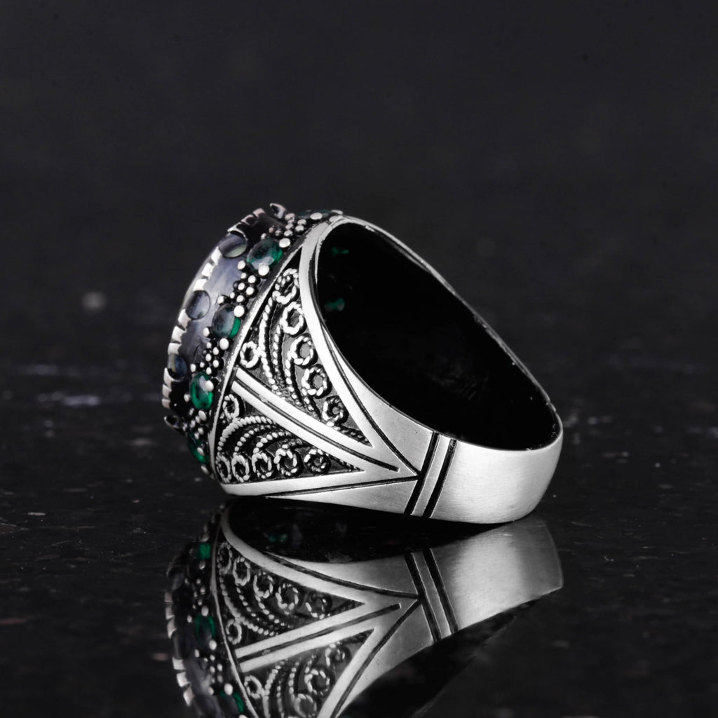 Natural Green Eye Stone Ring - Handmade 925 Sterling Silver Men's Jewelry — 7