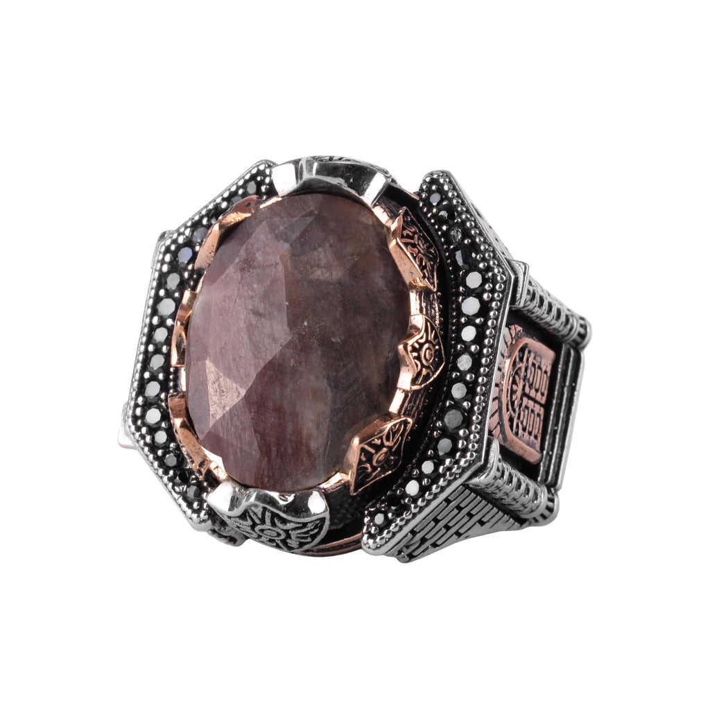 KAMBO Natural Stone Large Ring – 925 Sterling Silver Men's Ottoman Architectural Design (Sapphire)