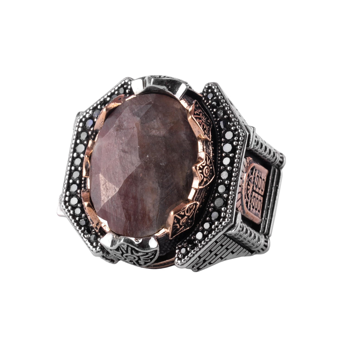 KAMBO Natural Stone Large Ring – 925 Sterling Silver Men's Ottoman Architectural Design (Sapphire)