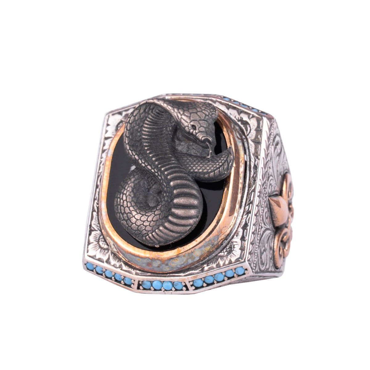 Black Patterned Stone Men's Large Ring – 925 Sterling Silver Vintage Design Statement Ring (Snake)