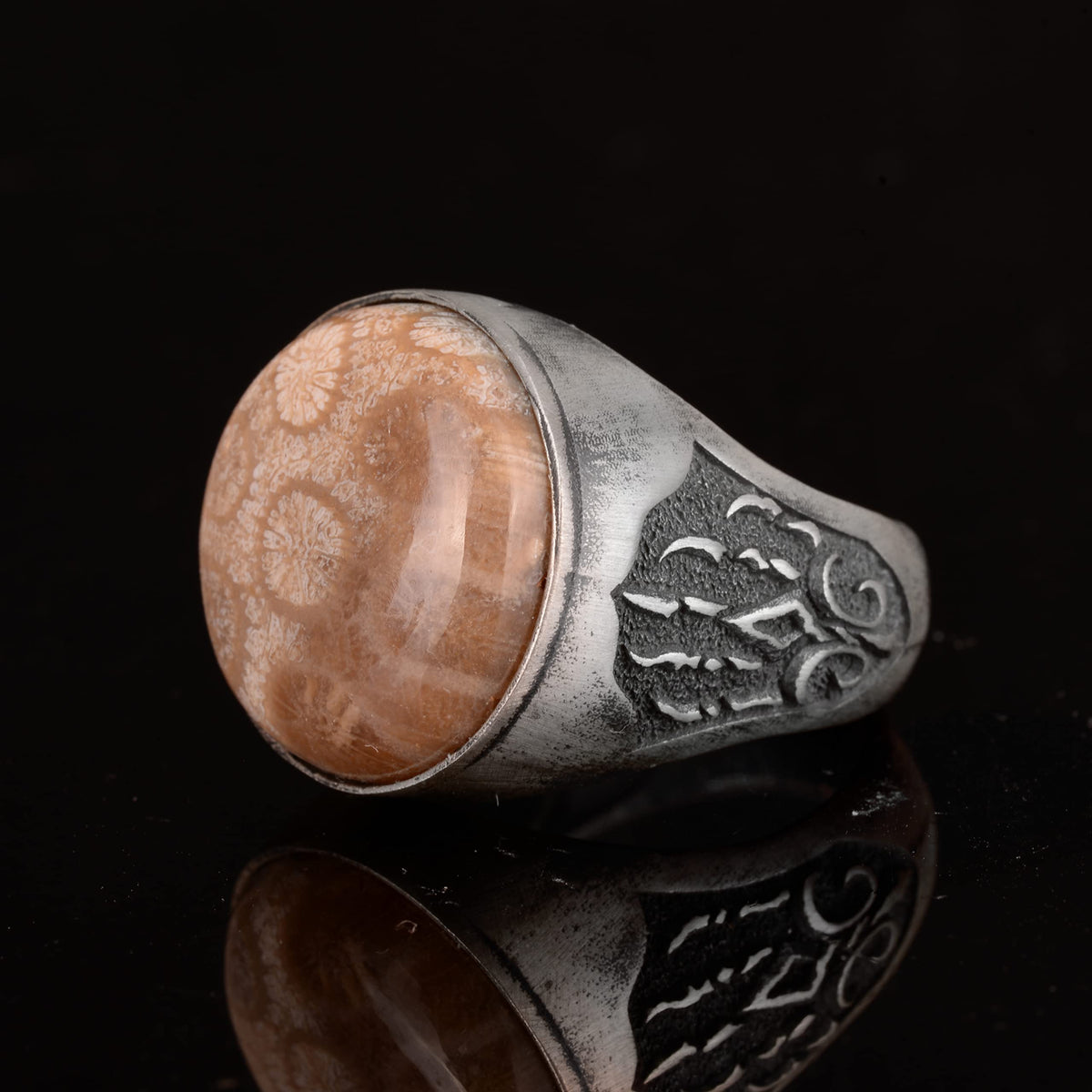 Natural Coral Stone Ring, 925 Sterling Silver Ring — 4
