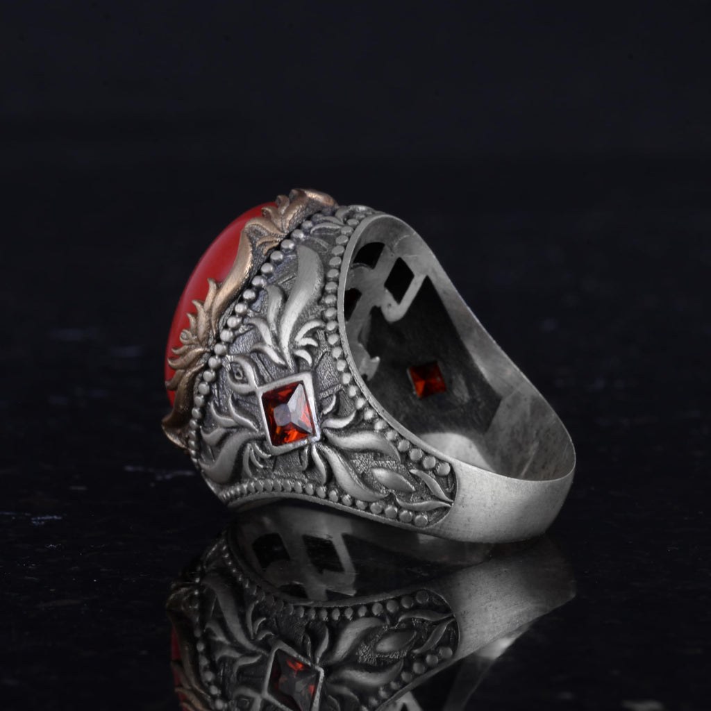 Artificial Stone Ring - Handmade Men's Ring - Stylish 925 Sterling Silver Men's Jewelry (Artificial Coral) — 7