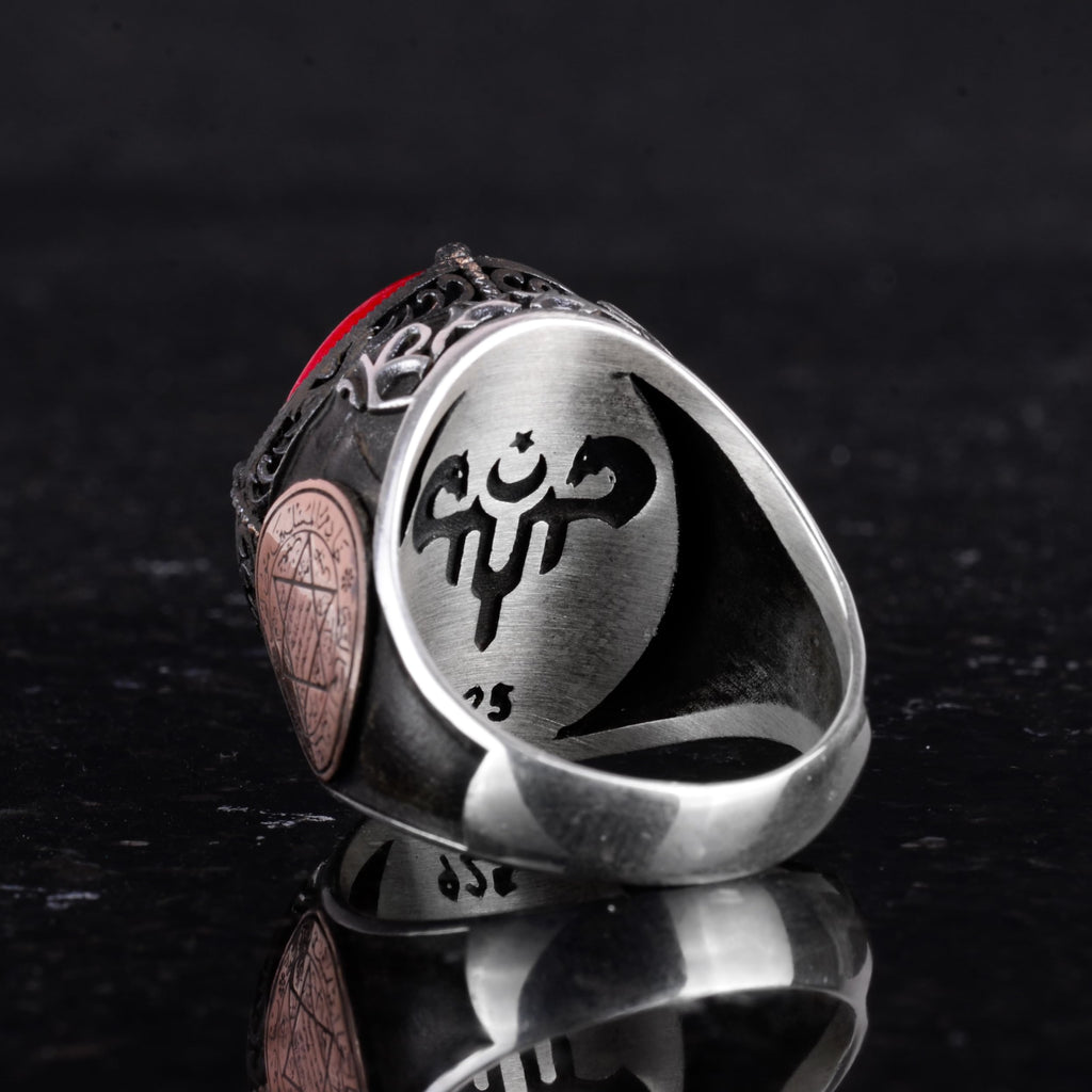 KAMBO Islamic Men's Ring - 925 Sterling Silver Handmade Men's Ring - Star of David Ring (Red) — 7