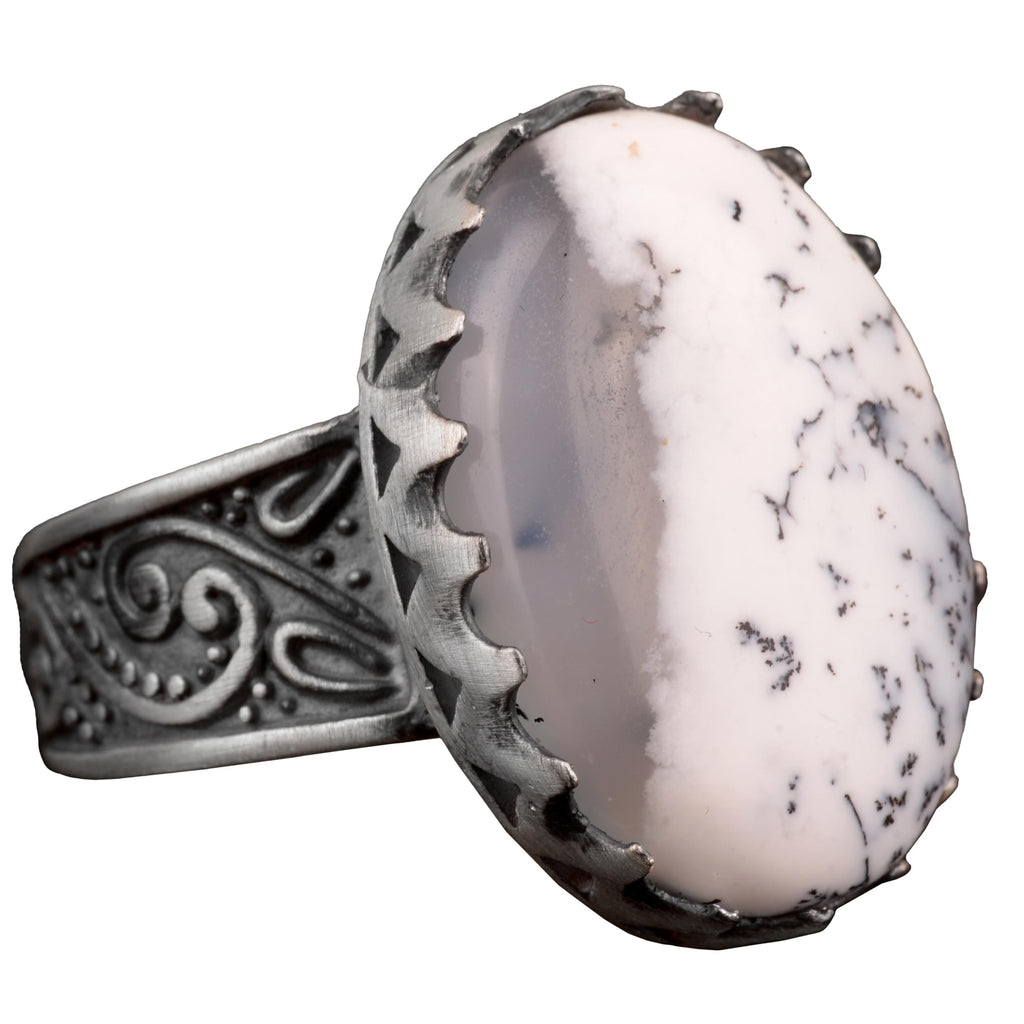 Silver Men's Ring, Dendrite Agate Natural Stone
