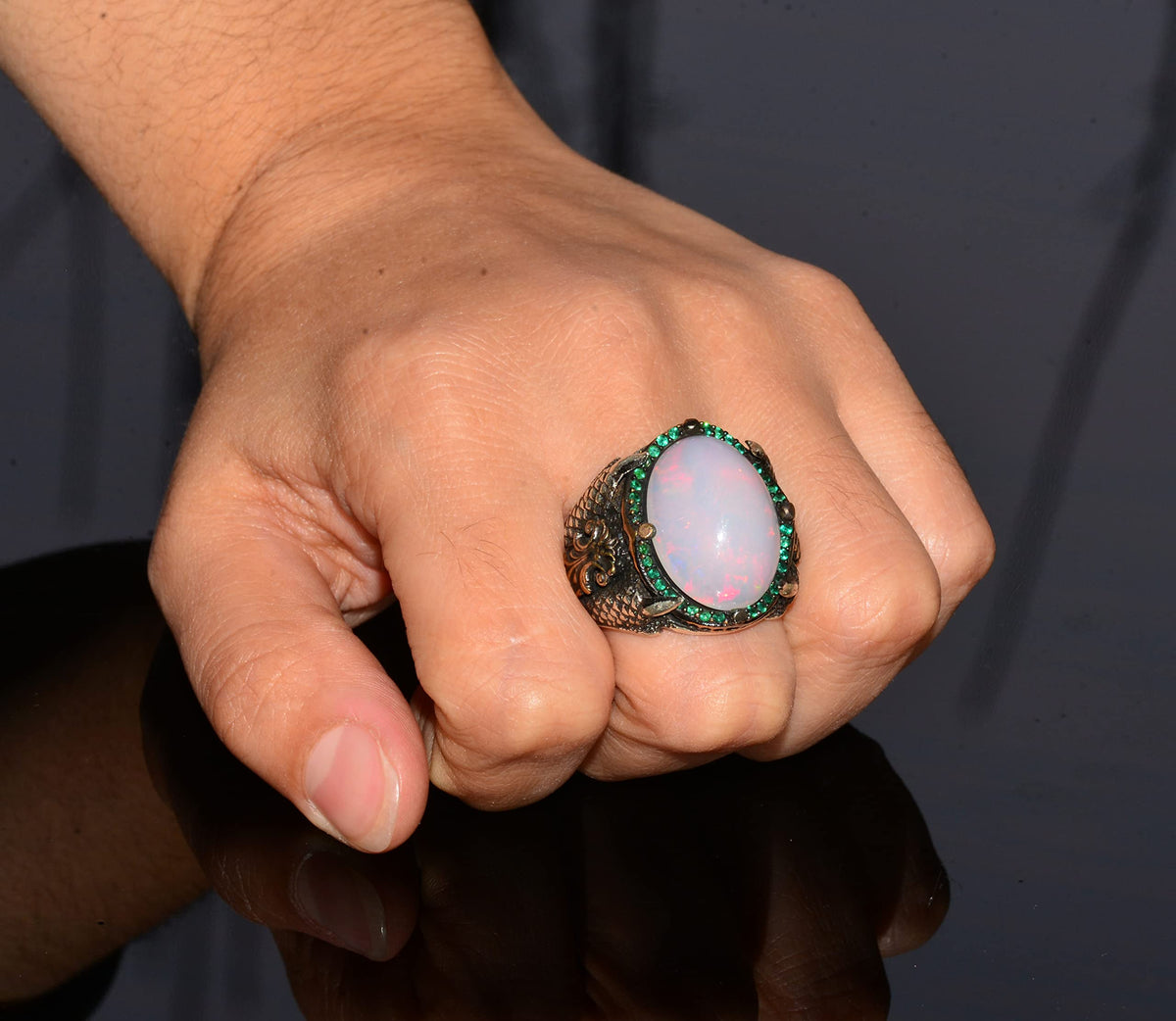 Real Natural Australian Opal Stone 10.00 Carat Ring - Special Men's Ring - Silver Large Ring — 7