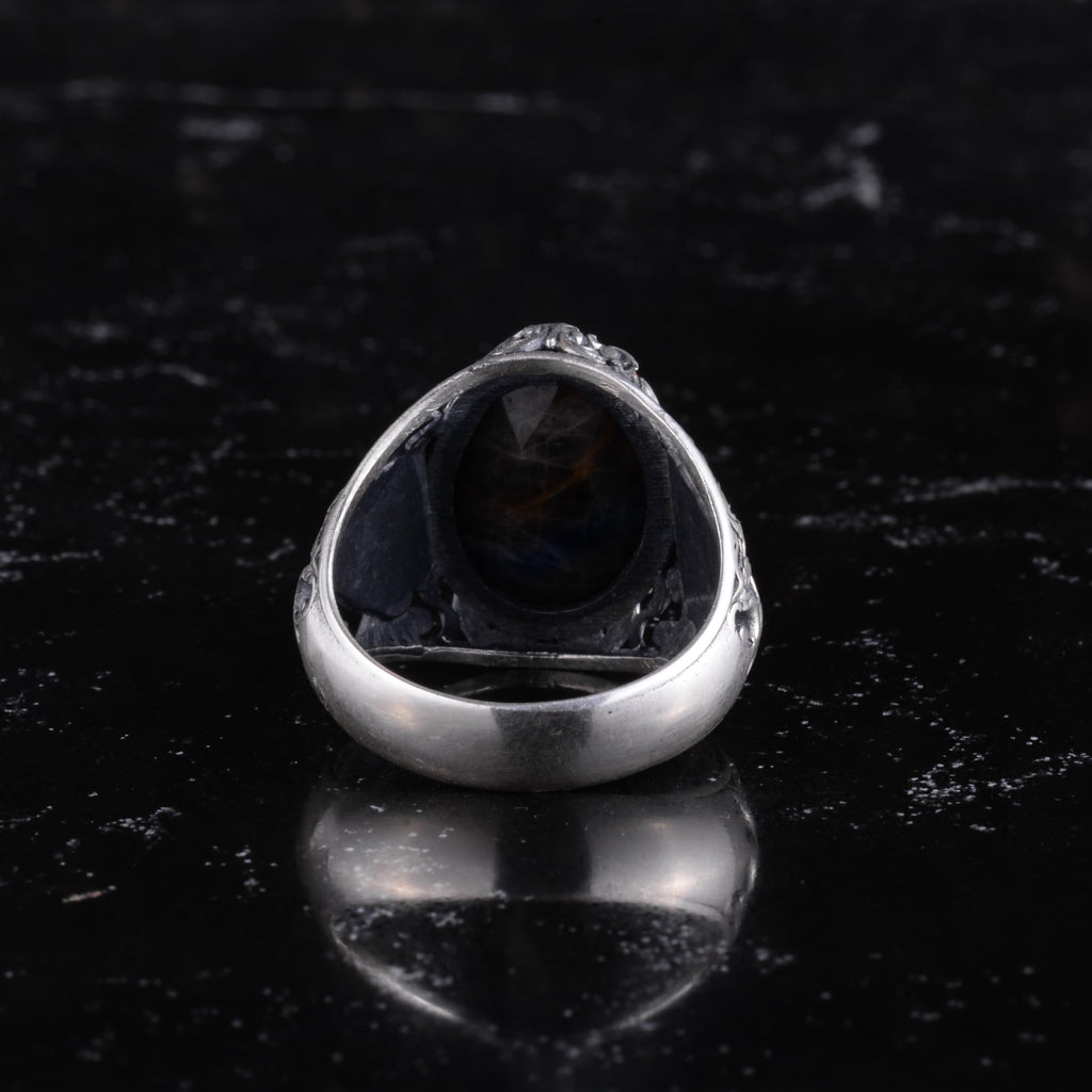 KAMBO Natural Stone Men's Ring 925 Sterling Silver - Large Flower Engraved Statement Ring - Handmade Vintage Ring for Men (Rose Amber) — 7