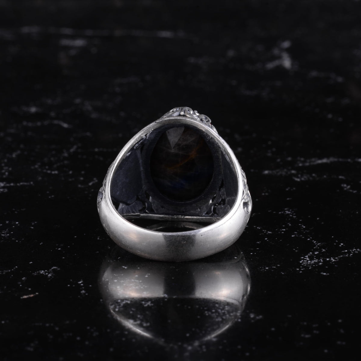 KAMBO Natural Stone Men's Ring 925 Sterling Silver - Large Flower Engraved Statement Ring - Handmade Vintage Ring for Men (Rose Amber) — 7