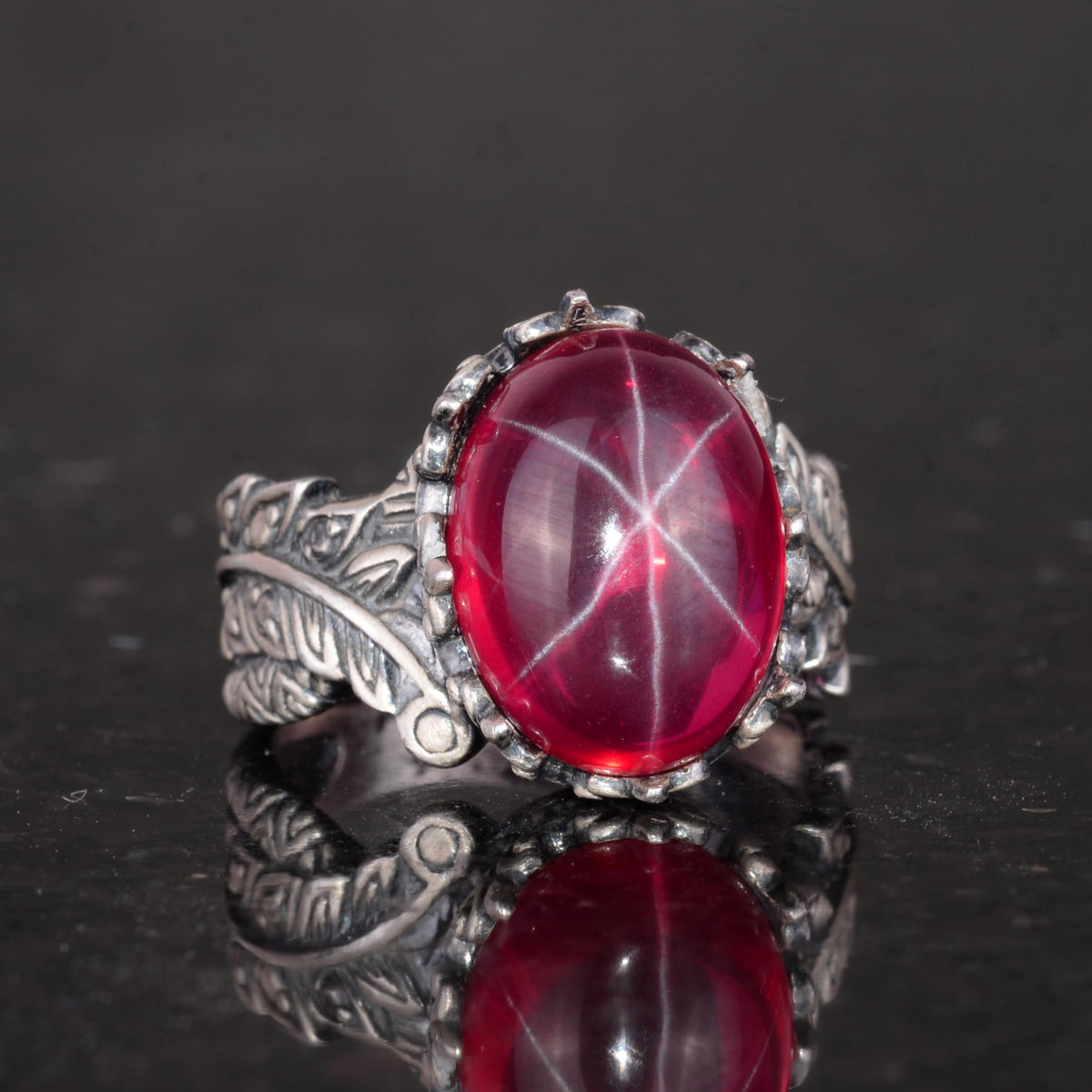 Natural Star Ruby Stone Women's Silver Ring — 5