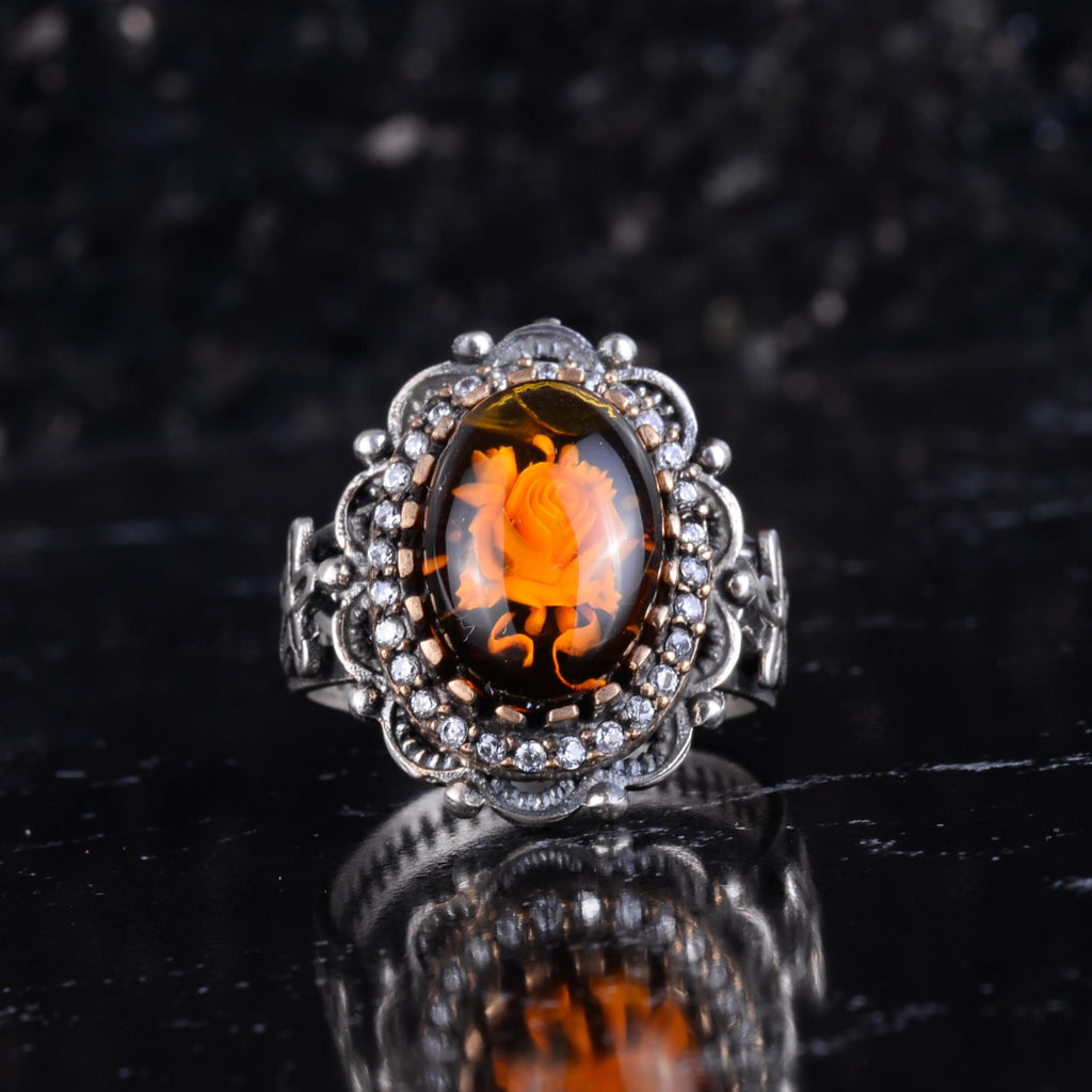 KAMBO Rose Carved Amber Stone Women's Ring – Oval Amber Stone Flower Design Ring – 925 Sterling Silver Vintage Elegant Women's Jewelry — 4