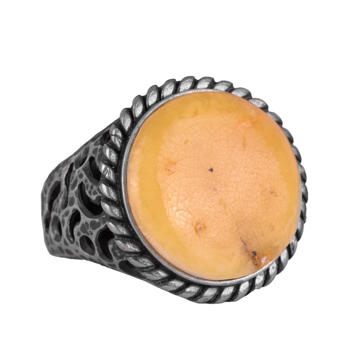 Natural Amber Stone Ring - 925 Sterling Silver Men's Ring