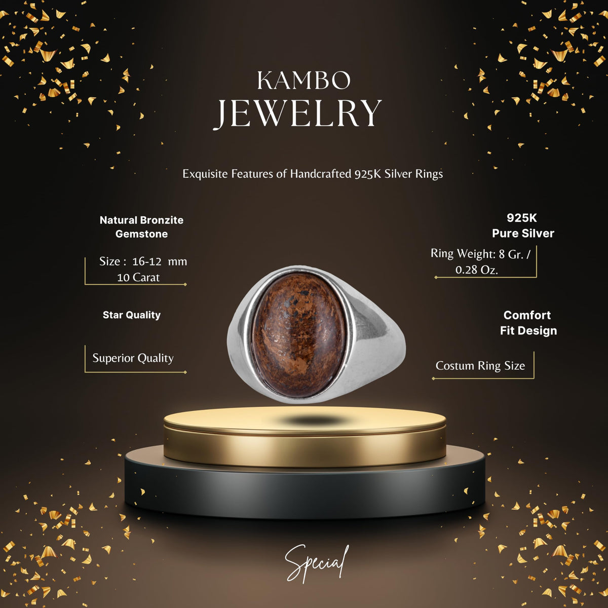 KAMBO Natural Men's Ring – 925 Sterling Silver Minimalist Oval Stone Ring – Handmade Classic Statement Jewelry (Bronzite) — 2