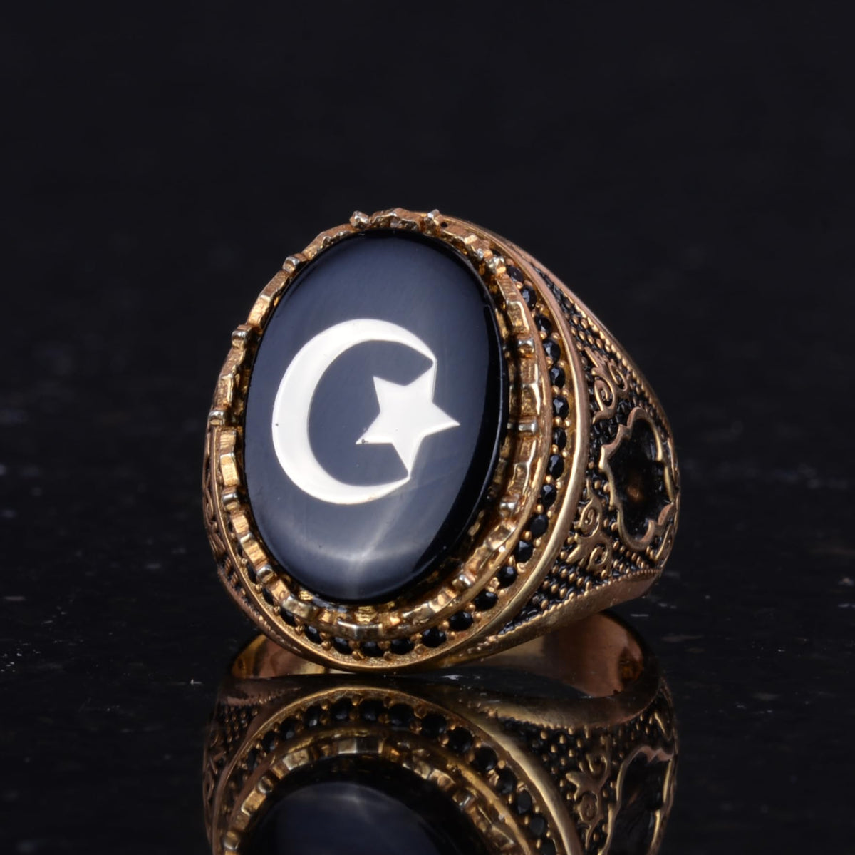 925 Sterling Silver Gold Plated Men's Ring – Crescent and Star Design (Black) — 5