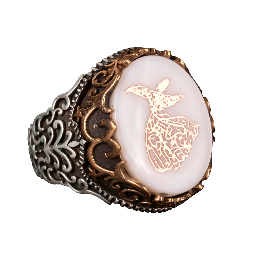 Natural Pearl Stone Ring, Mevlevi Islamic 925 Sterling Silver Men's Ring