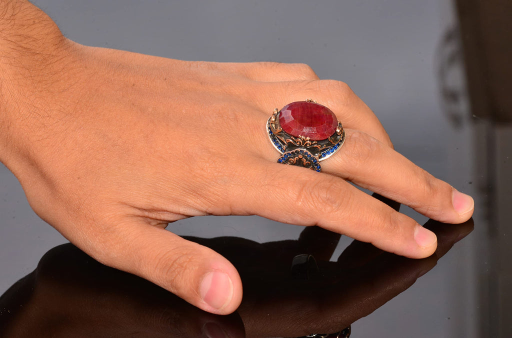 Handmade 925 Sterling Silver Lion Design Ring - Natural Ruby — 6