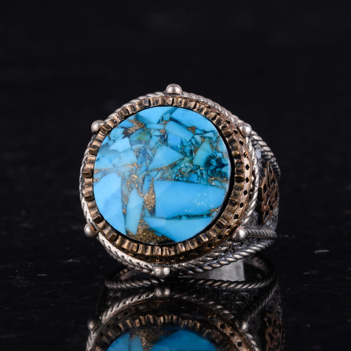 Silver Men's Ring with Natural Turquoise Stone — 6