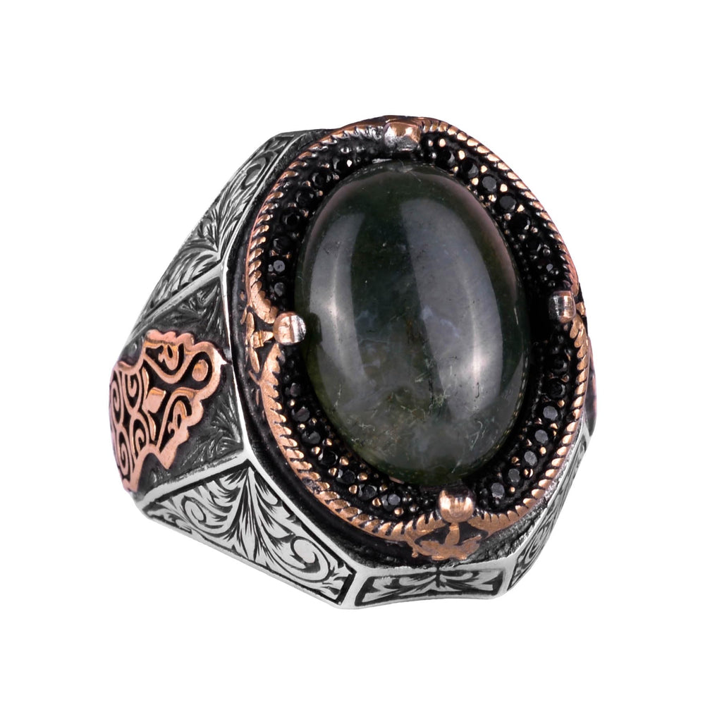 Natural Mossy Agate Stone Ring - 925 Sterling Silver Men's Ring