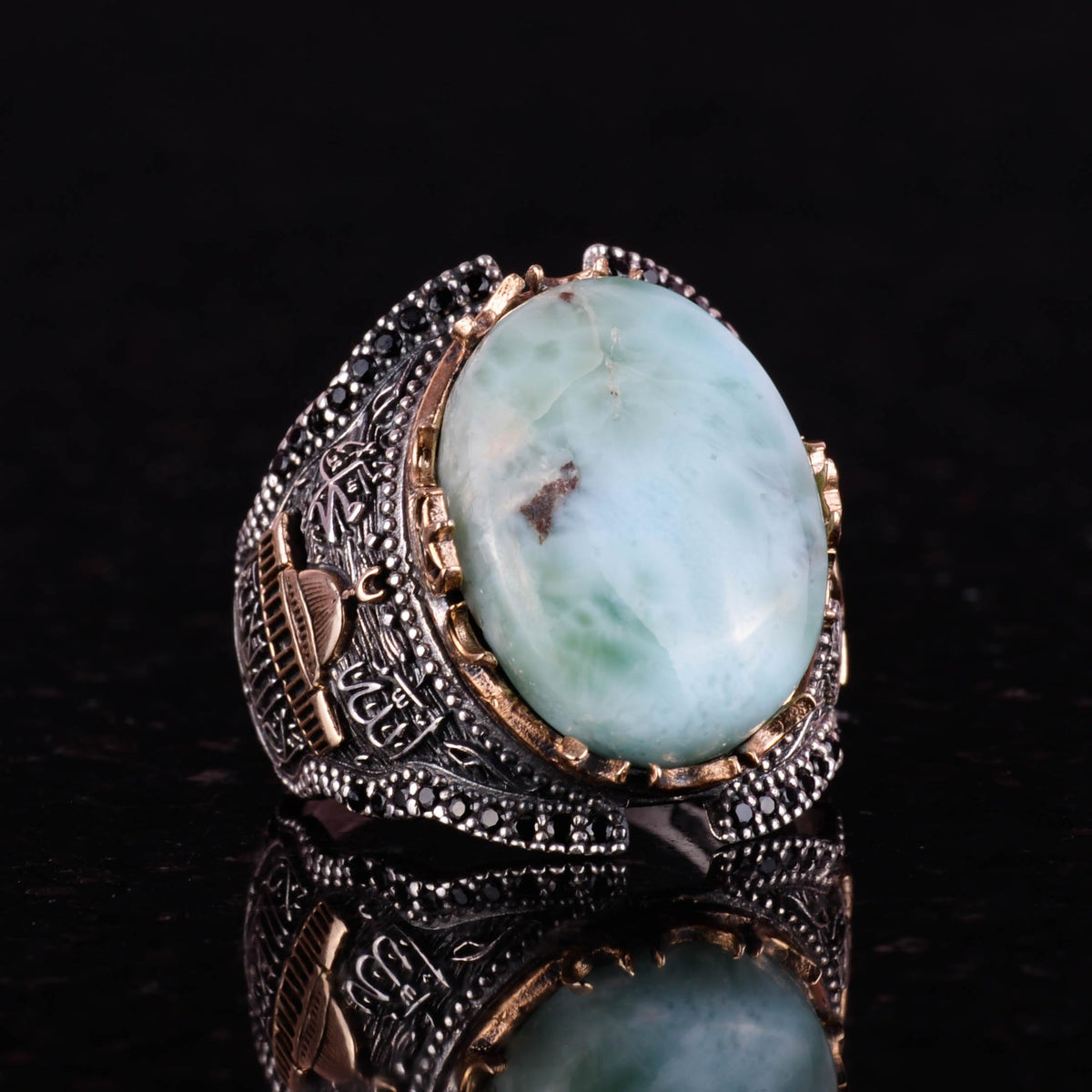 Natural Larimar Stone Ring, 925 Sterling Silver Men's Ring — 4