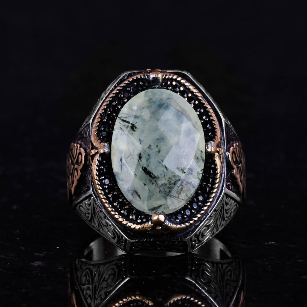 Handmade Prehnite Jade Ring - Healing Themed 925 Sterling Silver Men's Ring - Peace and Wisdom (Model-2) — 4