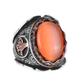KAMBO Orange Cat's Eye Created Stone Men's Ottoman Tugra Ring, 925 Sterling Silver Ring