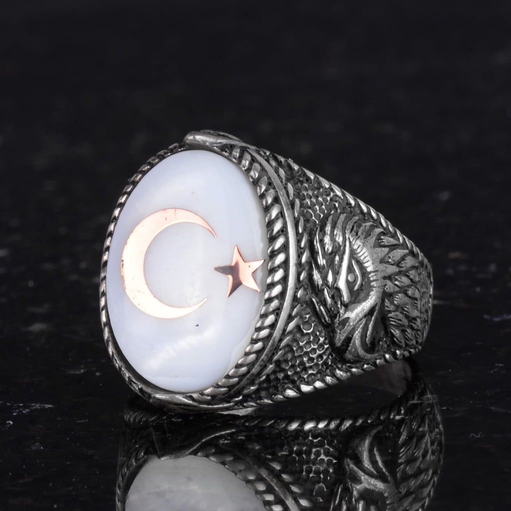 Men's Crescent and Star Eagle Ring - 925 Sterling Silver, Natural Mother of Pearl Stone - Turkish Crescent Design — 6