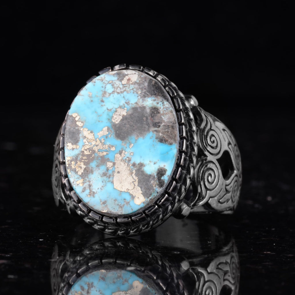 Natural Arizona Turquoise Owl Figurine Silver Men's Ring (Model-2) — 5