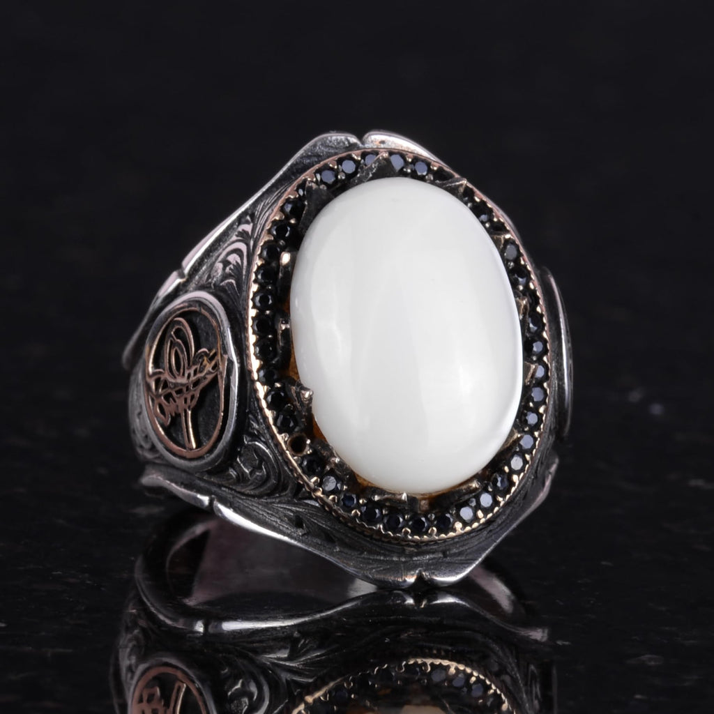 925 Sterling Silver Men's Ring - Natural Mother of Pearl Stone, Handmade Elegance — 4