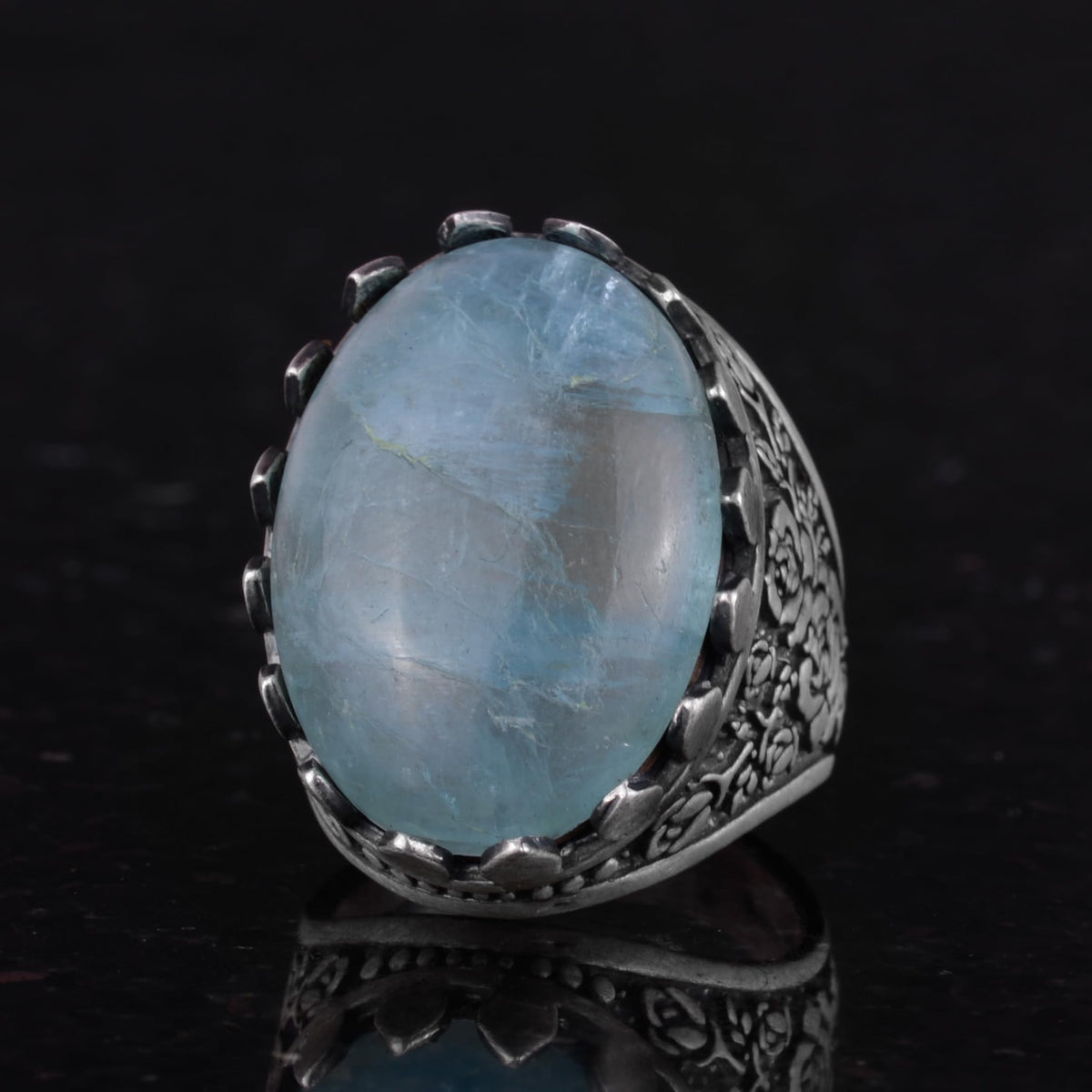 Natural Aquamarine Stone Ring - Rose Pattern - 925 Sterling Silver - Handmade Large Ring — 6