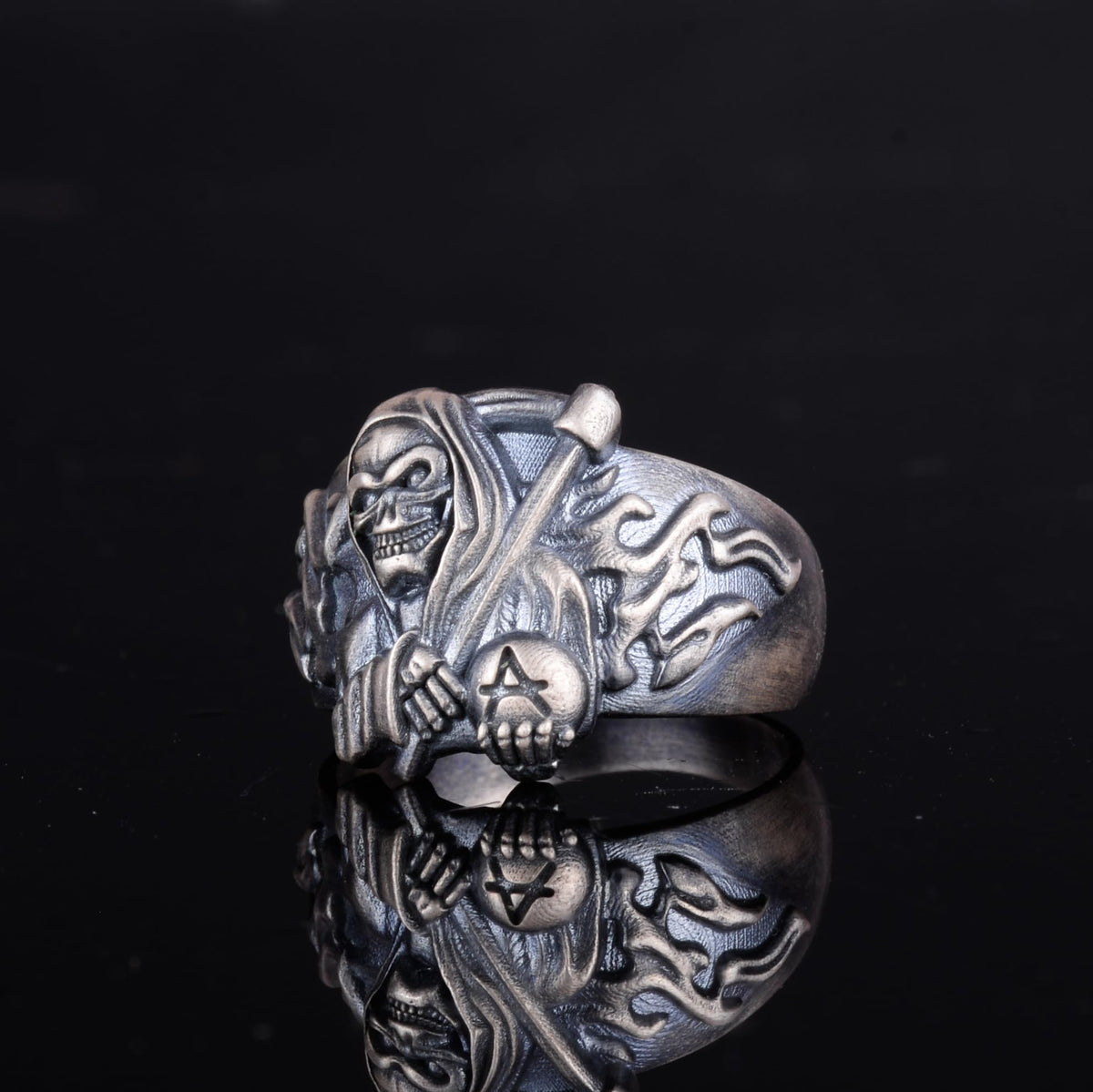 KAMBO 925 Sterling Silver Men's Grim Reaper Ring Handmade Gothic Skull Design Vintage Punk Rock Statement Jewelry Silver