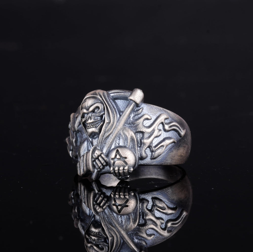 KAMBO 925 Sterling Silver Men's Azrael Ring – Gothic Skull Reaper Design – Handmade Punk Rock Silver Jewelry (Silver) — 5