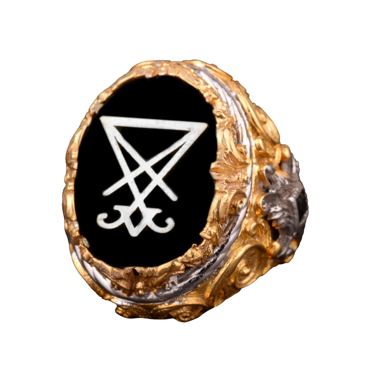 Handmade Onyx Ring - 925K Solid Silver Men's Gold Plated Ring (Satanic)