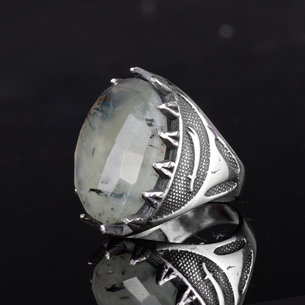 KAMBO Natural Stone Men's Large Ring – 925 Sterling Silver Ottoman Sword Motif Signet Ring (Prehnite) — 5