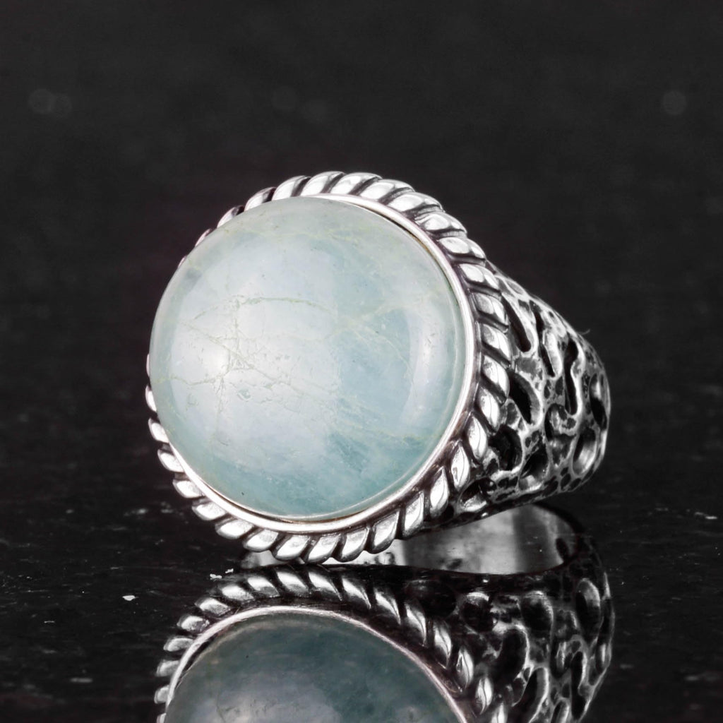 Real Natural Aquamarine Stone Ring - 925 Sterling Solid Silver Men's Ring — 5