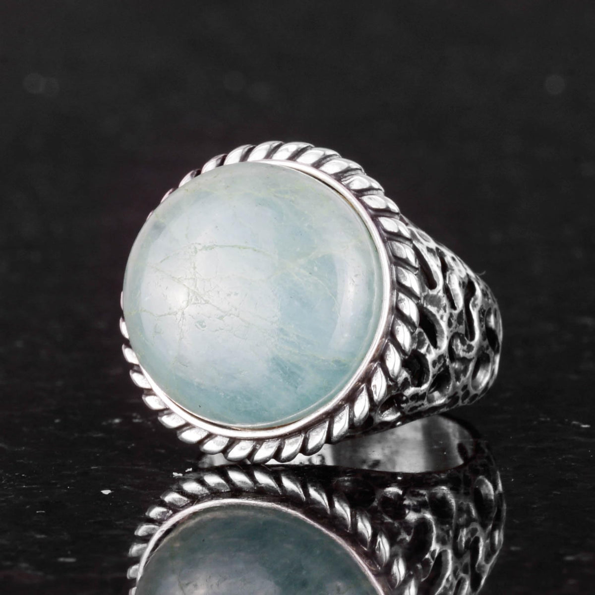 Real Natural Aquamarine Stone Ring - 925 Sterling Solid Silver Men's Ring — 5